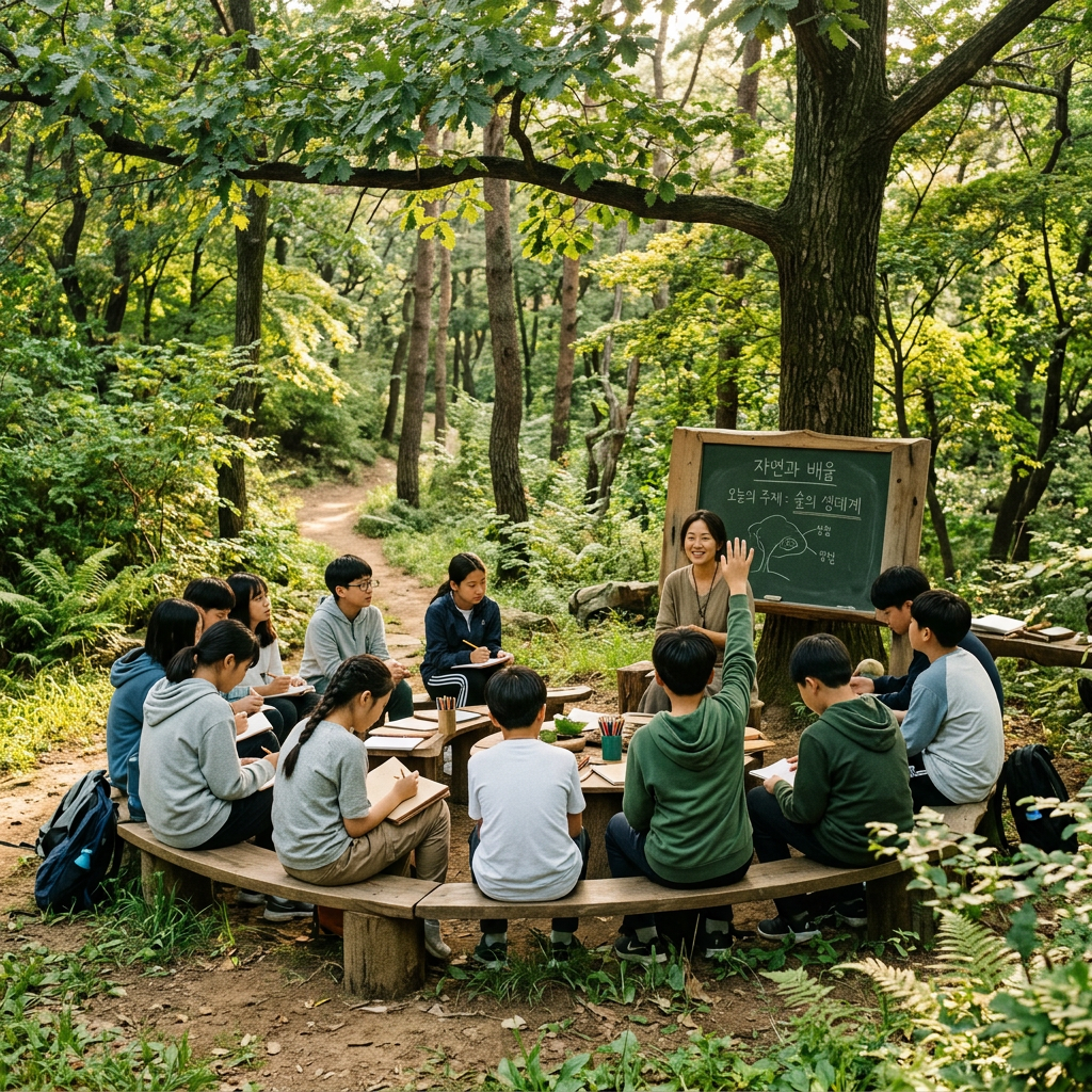 Students sitting on wooden benches outdoors in a forest classroom with a teacher and a chalkboard